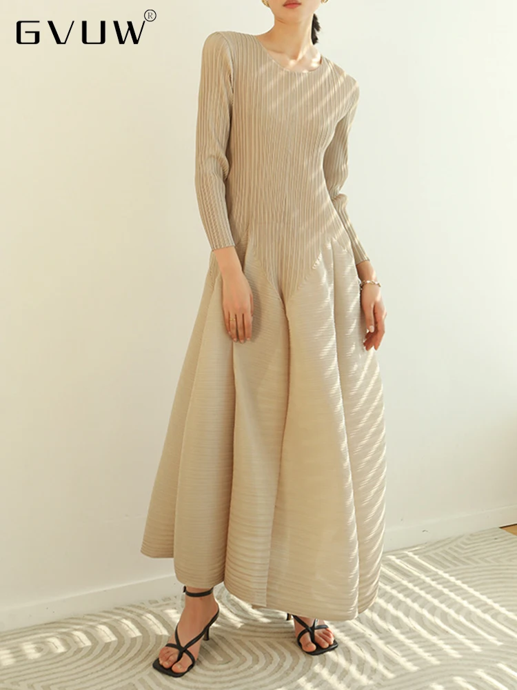 

Женское плиссированное платье GVUW, длинное однотонное платье с круглым вырезом и высокой талией, новинка сезона осень-лето 2024 года, 25D1011