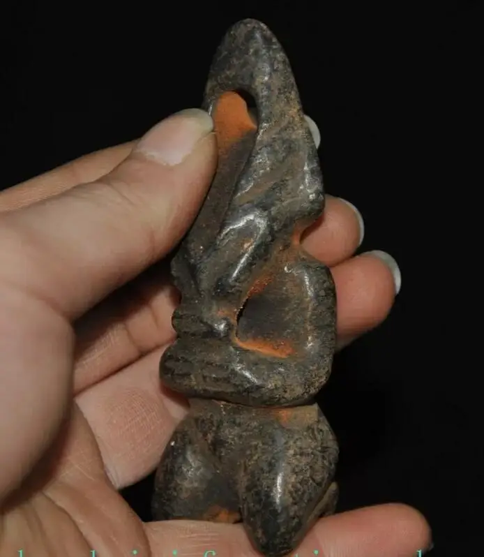Old China Hongshan culture Old black jade carved kneel Sun God Helios Statue 3