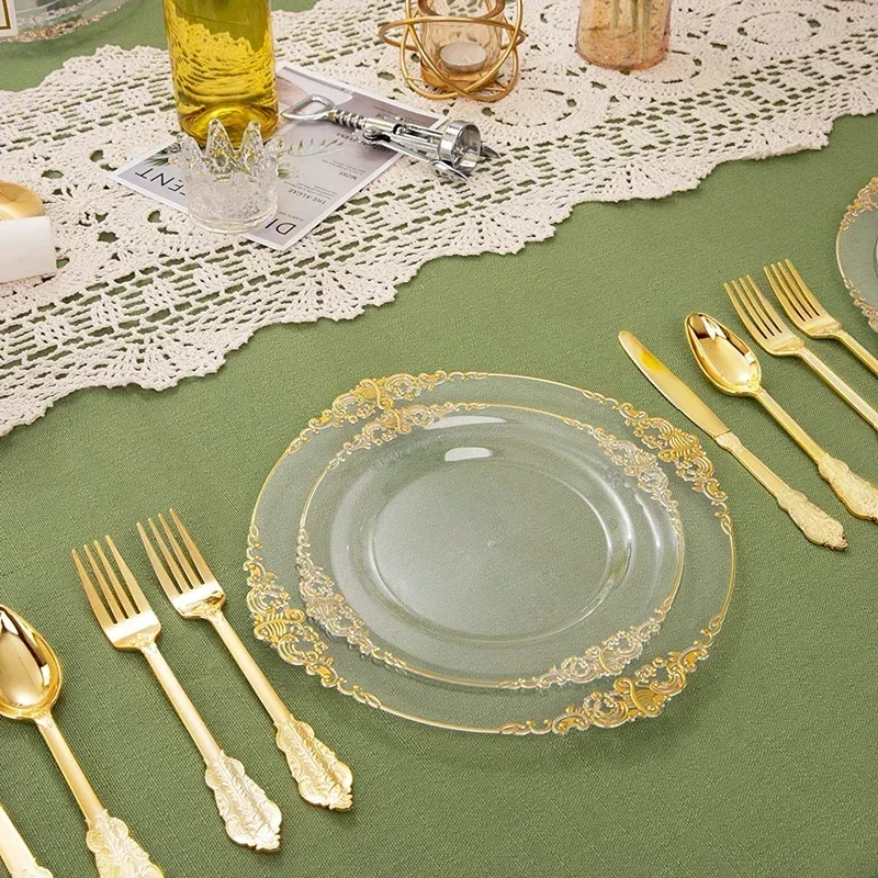 50 People Plastic Plates Dinner White Plastic with Plates Gold Rim Lace Gold for Weddings Celebration