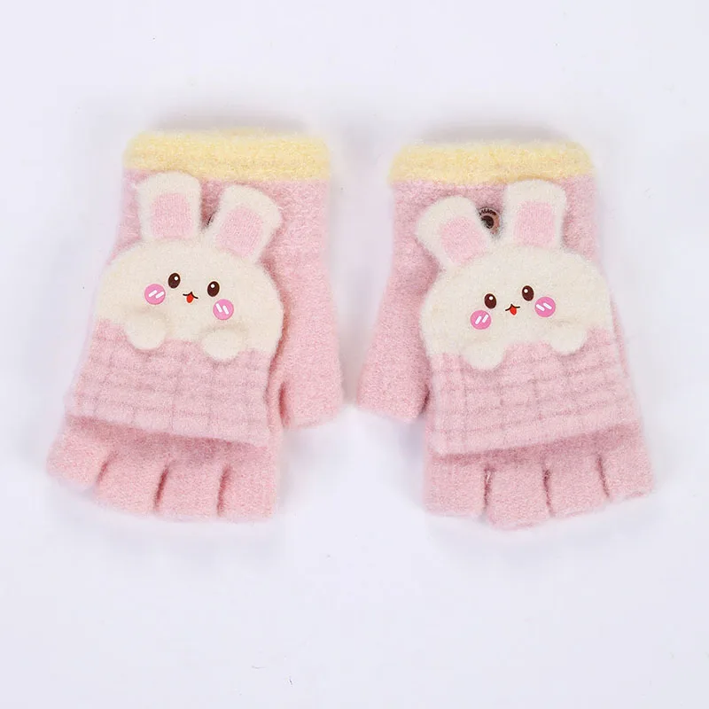 3-12 Years Kids Boys Girls Homework Winter Gloves Cute Rabbit Ear Half Finger Flip Cover Knitted Cold-Proof Mittens