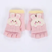 3-12 Years Kids Boys Girls Homework Gloves Cute Rabbit Ear Half Finger Flip Cover Winter Warm Gloves Knitted Cold-Proof Mittens 2