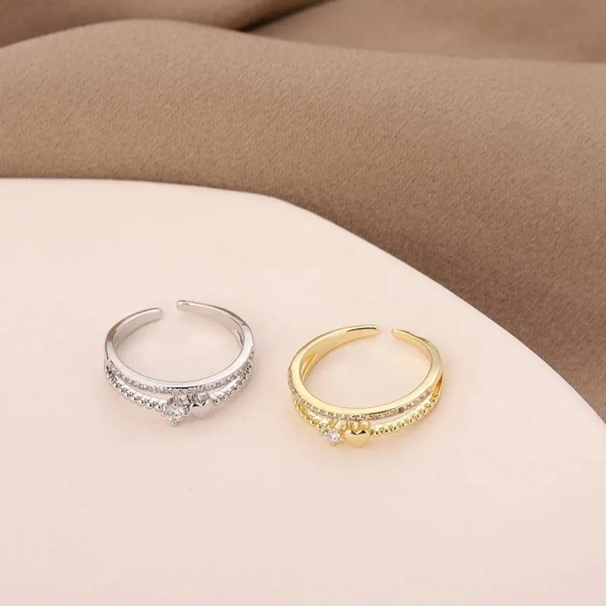 Double Layer Heart Zircon Rings Women's Stainless Steel Crystal Finger Wedding Jewelry Couple Gift