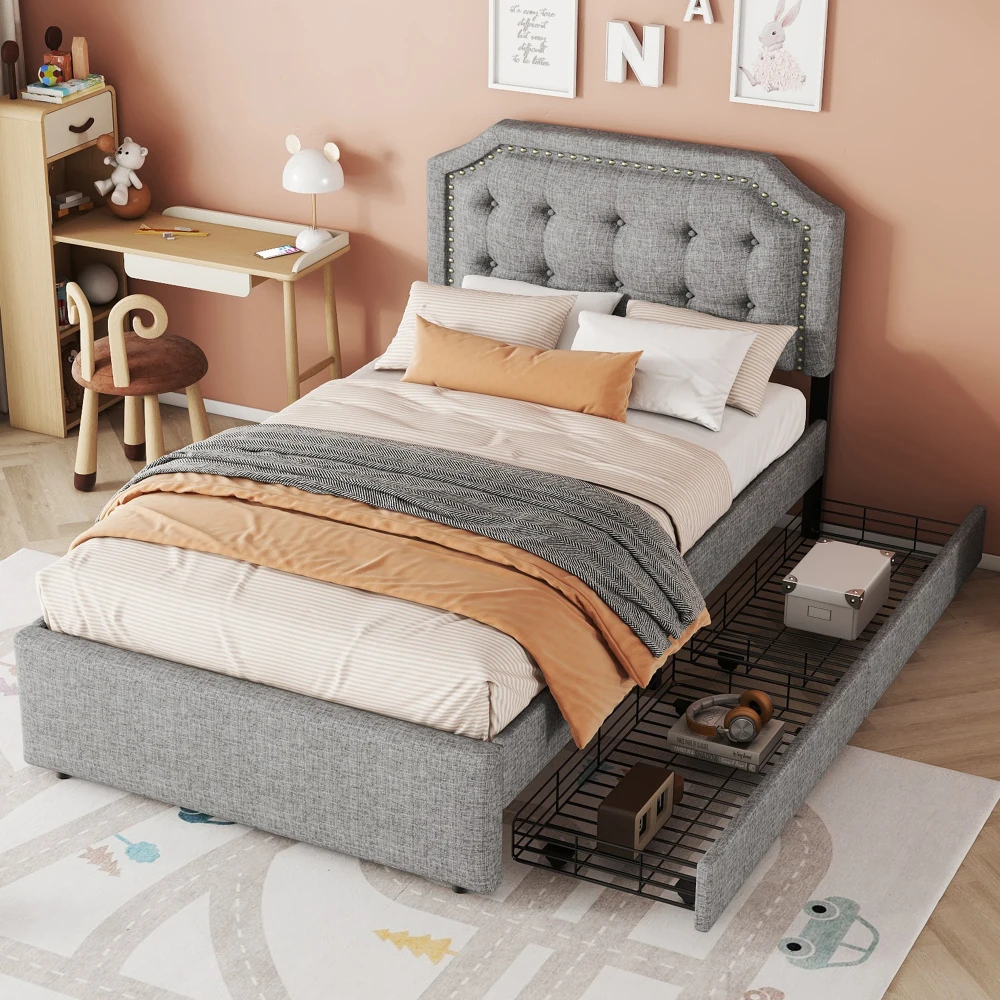Elegantes gepolstertes Flachbett 90 x 200 cm – hellbeiges Bett mit Nietenverzierung, 2 Schubladen mit Stauraum, platzsparende Schlafzimmermöbel – Detail 24