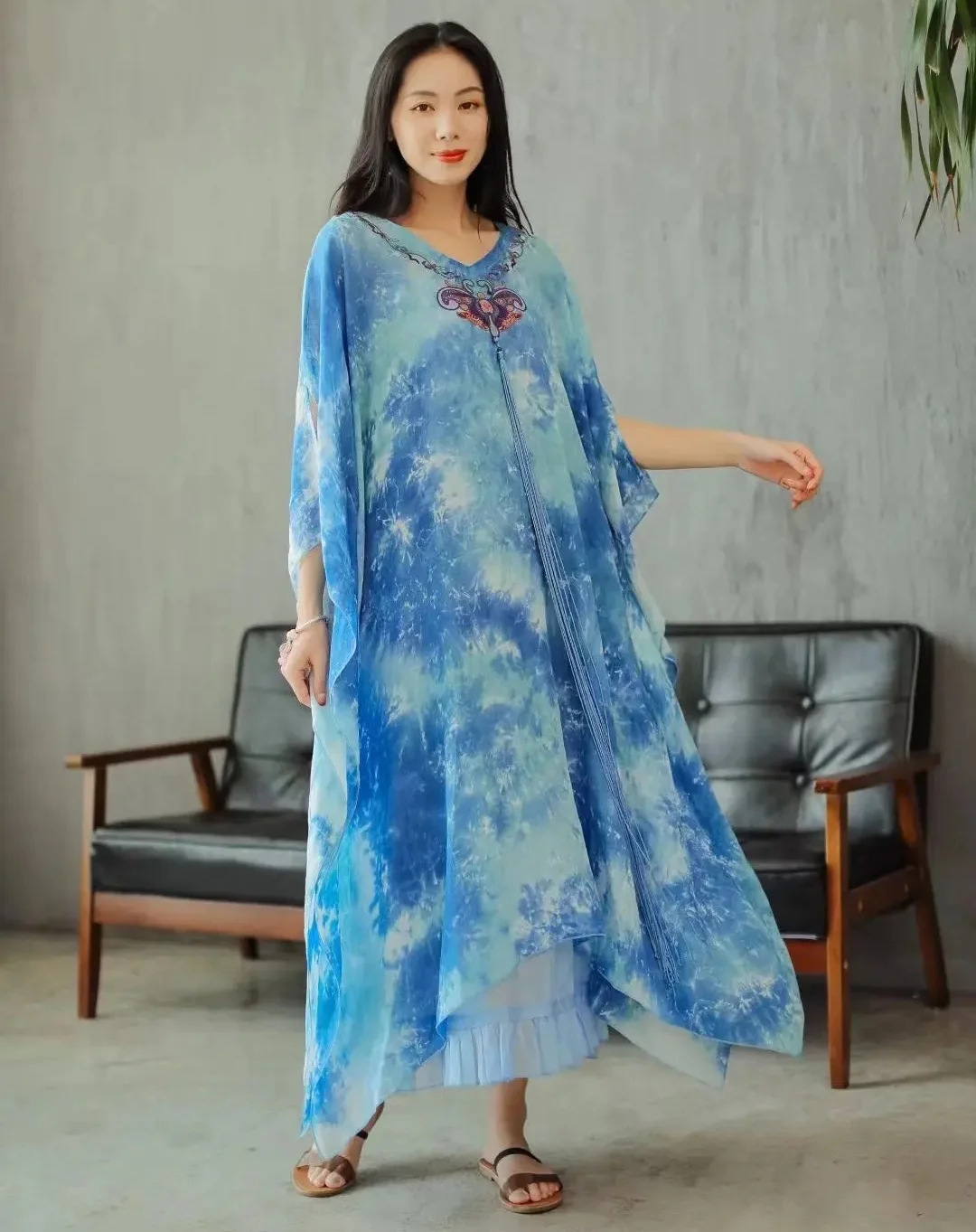 

Винтажный комплект из двух предметов, шелковые льняные длинные платья в китайском стиле с завязкой, свободные женские праздничные платья с рукавом до локтя, голубой халат