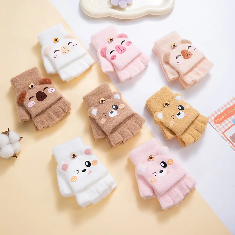 Cute Baby Five-finger Male Breathable New Winter Warm Children Winter Cold Cartoon Half-finger Flip Kids Gloves & Mittens
