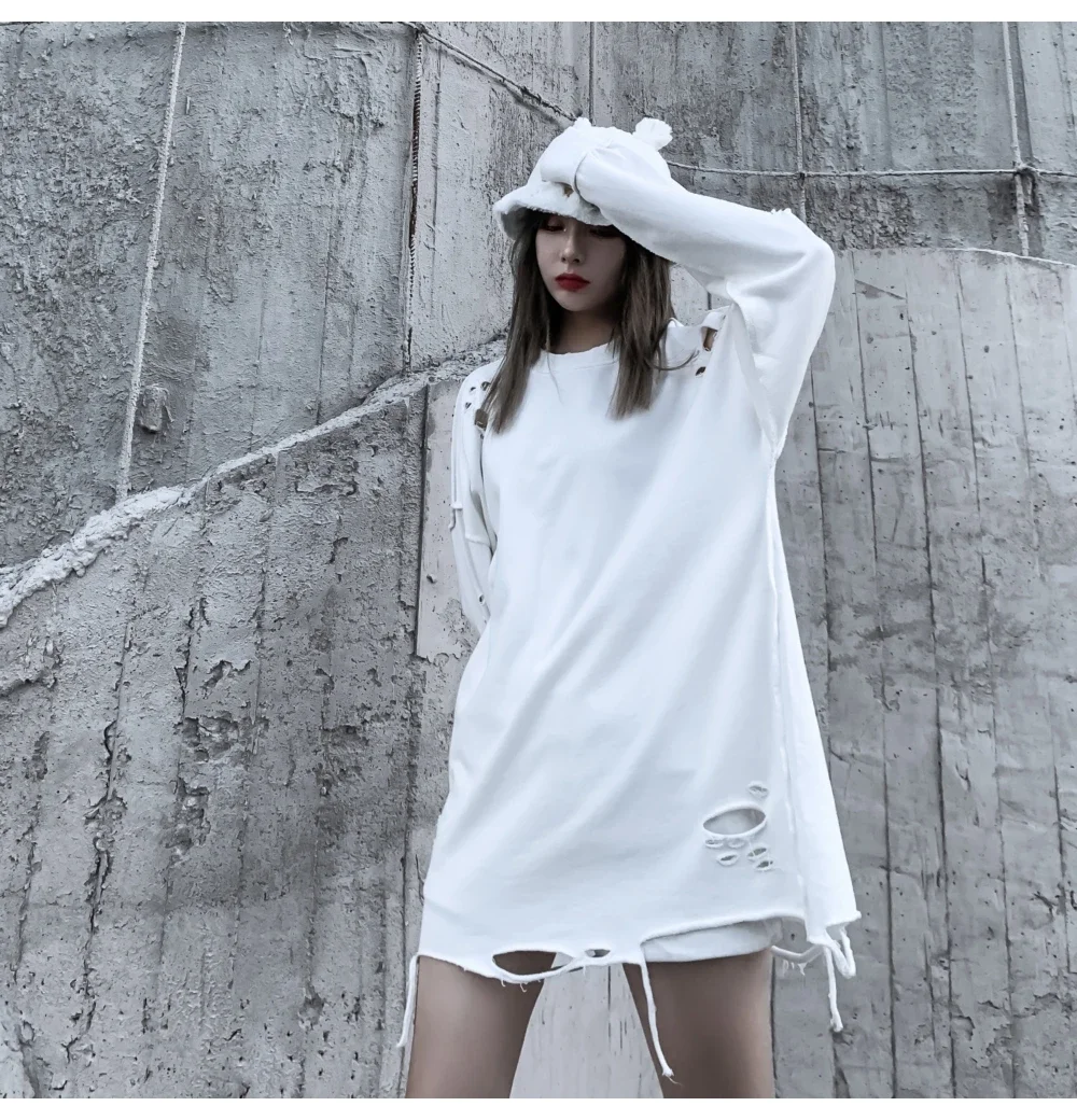 Camisolas rasgadas de manga comprida para homens e mulheres, pulôveres de ombro, streetwear com buracos rasgados, roupas grunge, sloth tops, primavera