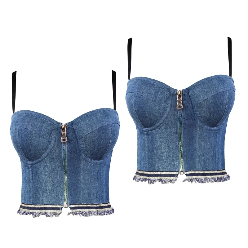 

Women Zipper Front Bustier Camisole Sexy Backless Corset Crop Top Frayed Tassel Hem Body Shaper 10CF