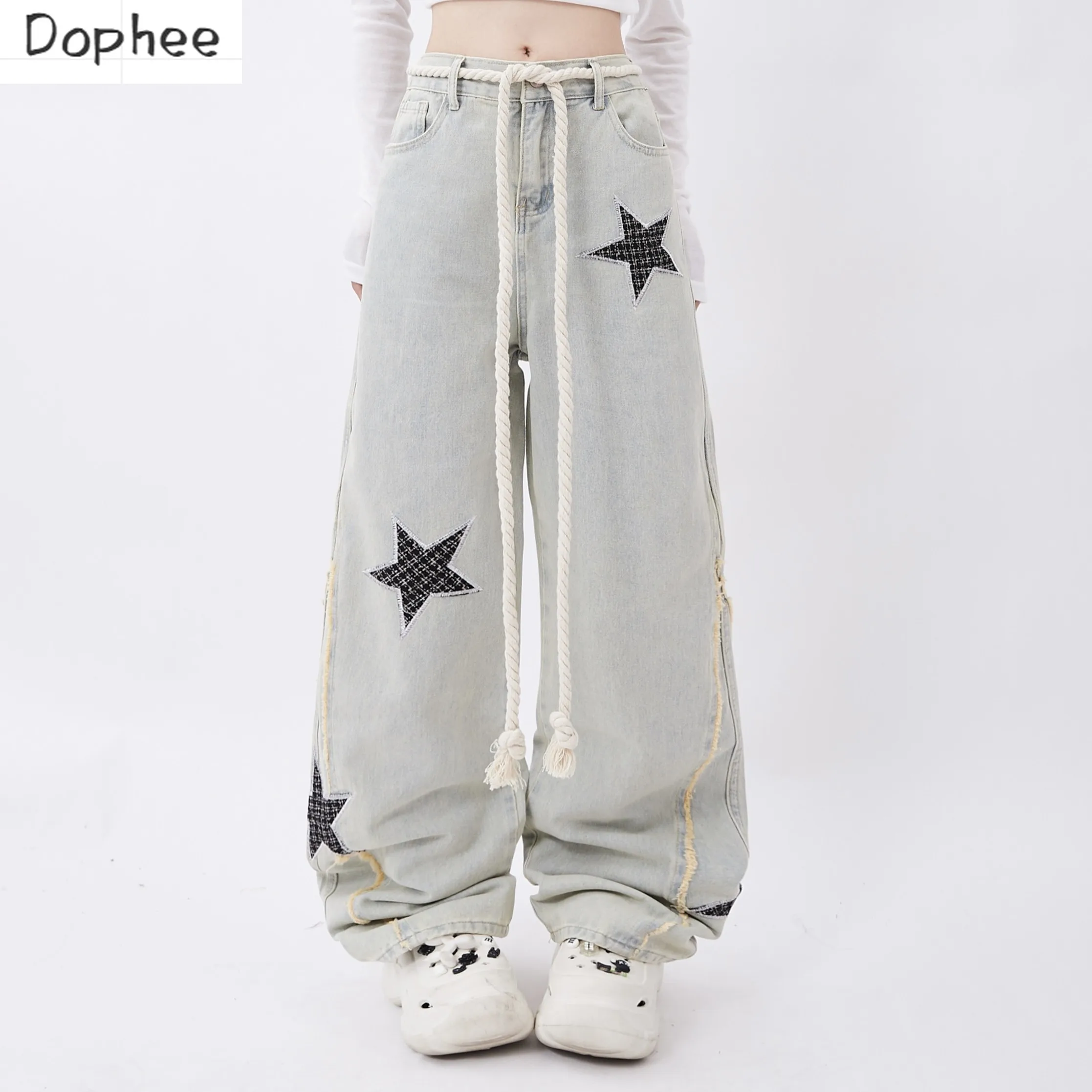 

Dophee New Autumn Personality Embroidered Pentagram Casual Straight Jeans Dopamine Spice Girls Wide Leg Denim Pants Streetwear
