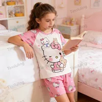 Pyjamas d'été pour filles de 3 à 12 ans, ensembles de pyjamas pour enfants, hauts + pantalons courts, vêtements de nuit Hello Kitty Cat Kuromi 2