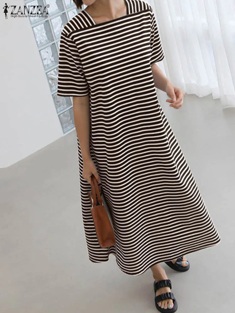 

Платье ZANZEA женское в полоску, повседневная одежда средней длины для отдыха, модное Свободное длинное с коротким рукавом и квадратным вырезом