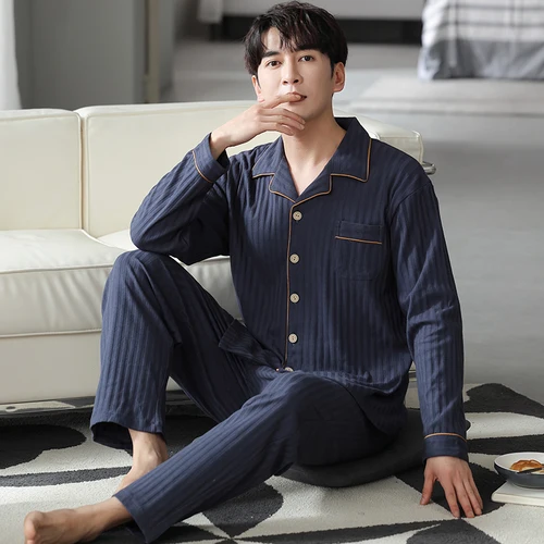가을/겨울용 남성 코튼 잠옷 세트, 패션, 턴 다운 칼라 잠옷 의류, 홈 의류, 루즈한 홈웨어, 플러스 사이즈 4XL 3