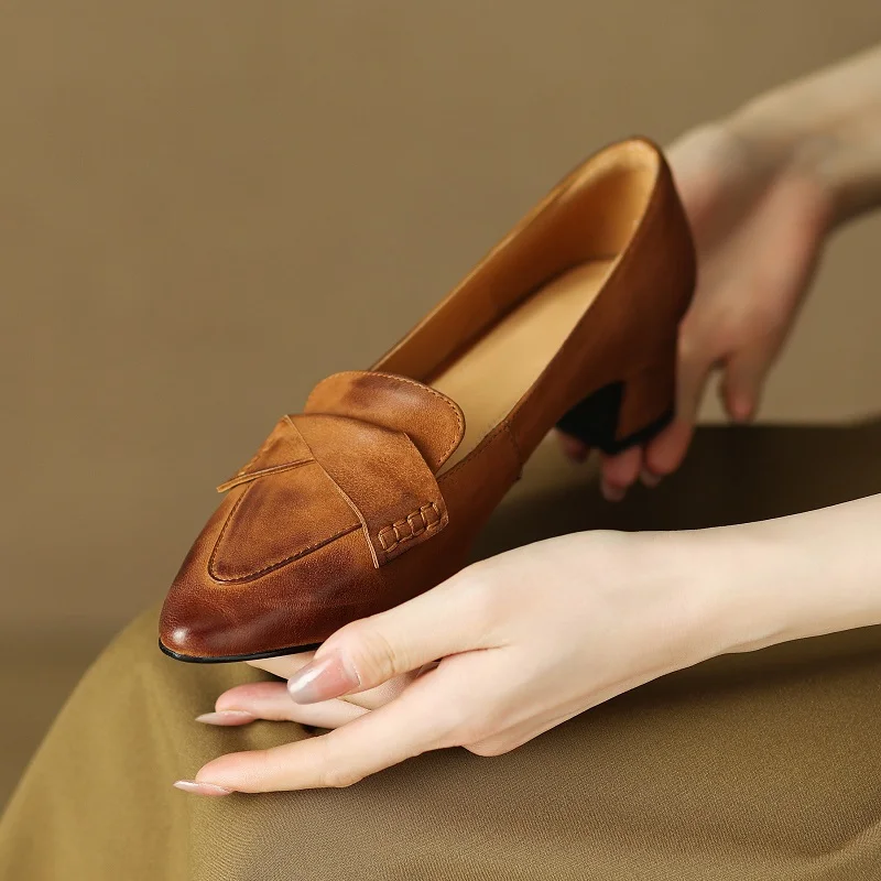 

Retro Pumps Sheepskin Women's Vintage Shoes Cozy Med Heels Slip On Thick Square Heel Simple Shoes Women Loafers On Heel