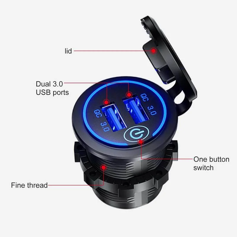 Dual USB Car Charger Socket with Quick Charge 3.0 and Touch Switch - Waterproof Fast Charging Power Outlet