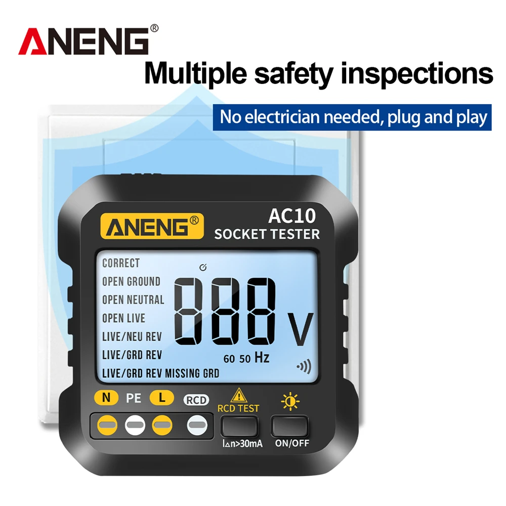 Socket Tester ANENG AC10 Socket Tester Plug Detector Zero Line Plug Polarity Phase Check Phase Detector US/EU Multimeter Digital Tester
