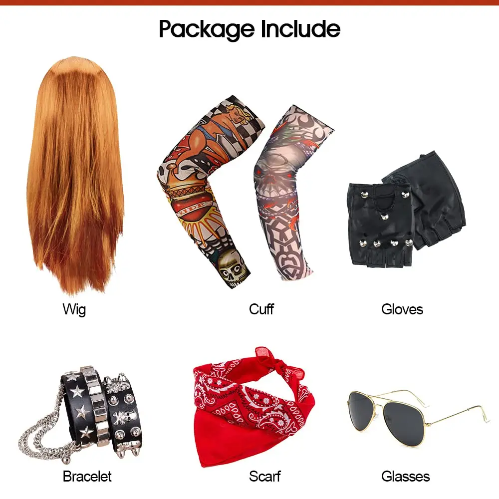 Rockstar-Kostüm-Set 70er/80er – Perücke, Sonnenbrille, Tattoo-Ärmel & Handschuhe Für Mottoparty