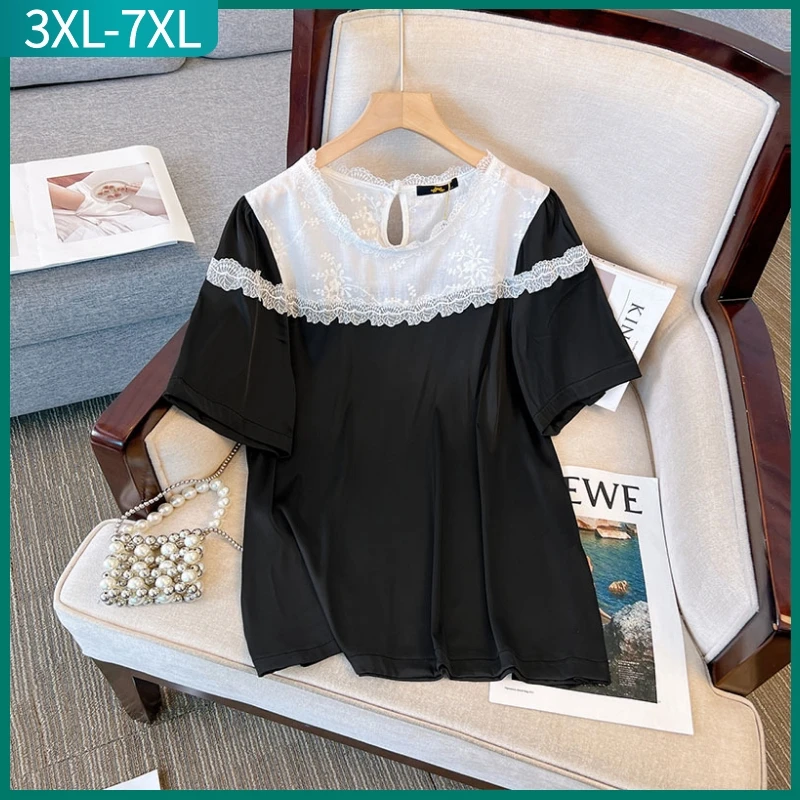 

Женская свободная футболка с коротким рукавом, черная или Белая Кружевная блуза большого размера, размеры 3XL, 4XL, 5XL, 6XL, 7XL, Новинка лета 2023