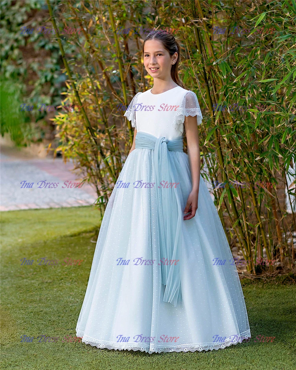 Abito Da Principessa Lungo Per Bambine In Tulle E Pizzo – Prima Comunione, Cerimonia, Festa Di Compleanno O Damigella – Vestito Elegante Con Dettagli Floreali E Stris - 4