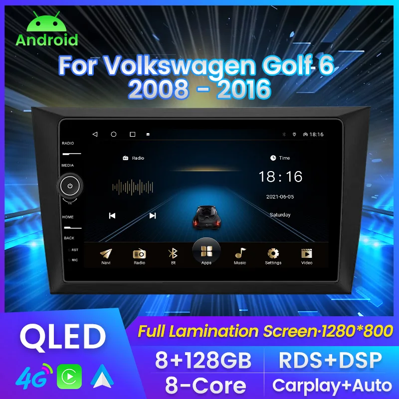 

QLED экран с ручкой Автомагнитола For Фольксваген Гольф Mk6 For Volkswagen Golf 6 2008 - 2016 мультимедийный плеер навигация GPS Автомобильная интеллектуальная система Carplay Android авто до 8 ядер 8 + 128G