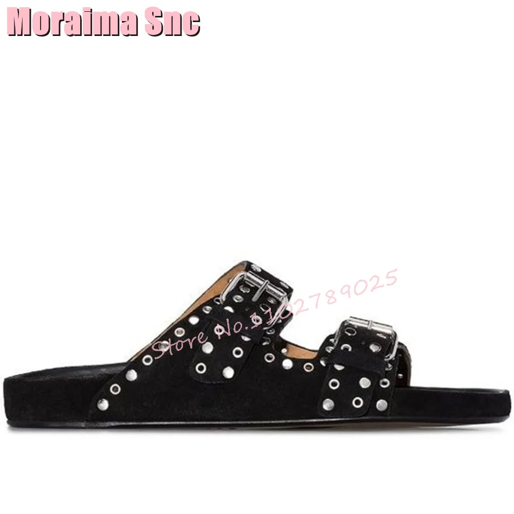 Rivet Belt Buckle Flat with Slippers Round Toe Black Solid Women Shoes Summer Slides Casual Outside Fashion Newest Slip On 2023