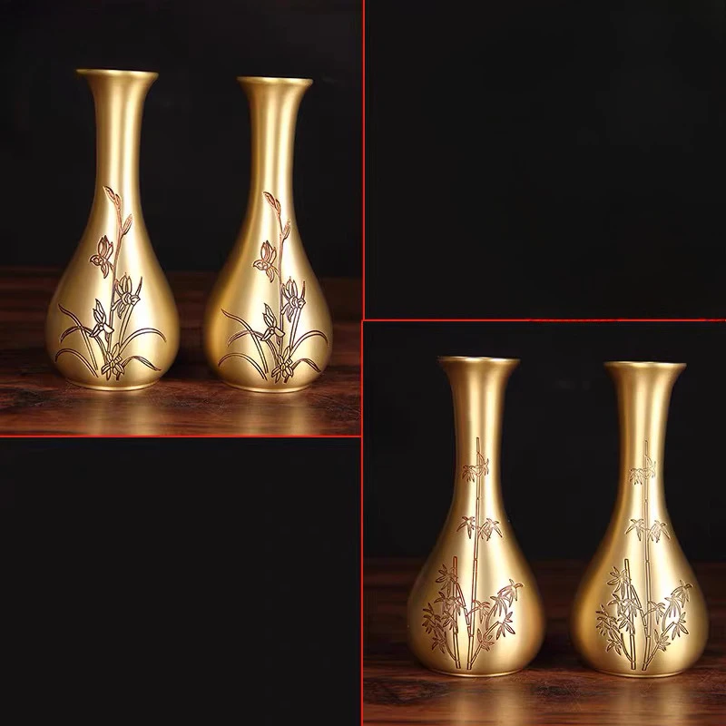 Chinese Style Creative Copper Vases Ornament, Home Living Room Desktop Decoration, Carving Bamboo Pattern, Metal Brass Vase, 1Pc