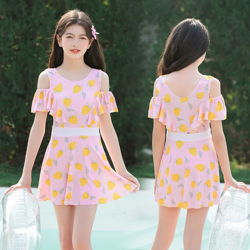 Summer Big Kids Girls One-piece Swimsuit Dress Conservative Flat Corner With Breast Pad Sweet Girls Swimsuit children swimwear swimsuit one piece