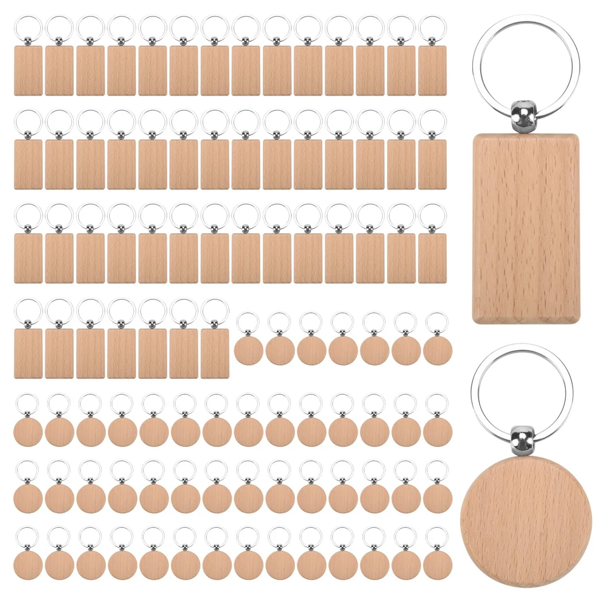 100Pcs DIY Blank Wooden Key Chain Rectangle Heart Round Ellipse Carving Key Ring Wood Key Chain Ring 3