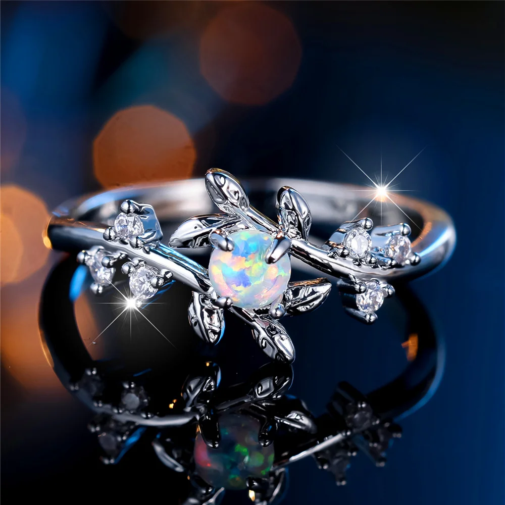 Elegant White Fire Opal Leaf Ring in Silver – Perfect Gift