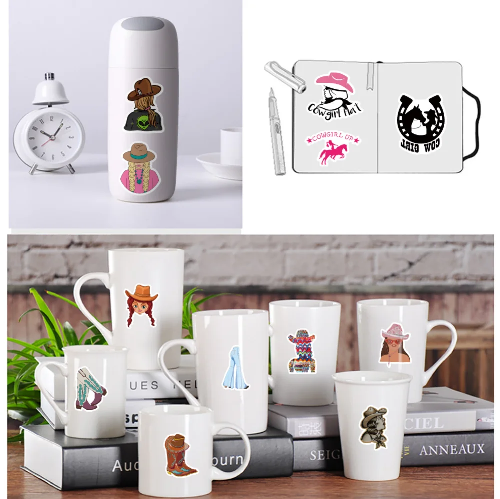 카우걸 스티커, 핑크 카우걸 모자, 카우걸 부츠 스티커, 물병 노트북 스크랩북 카우걸 선물용, 10 개, 50 개