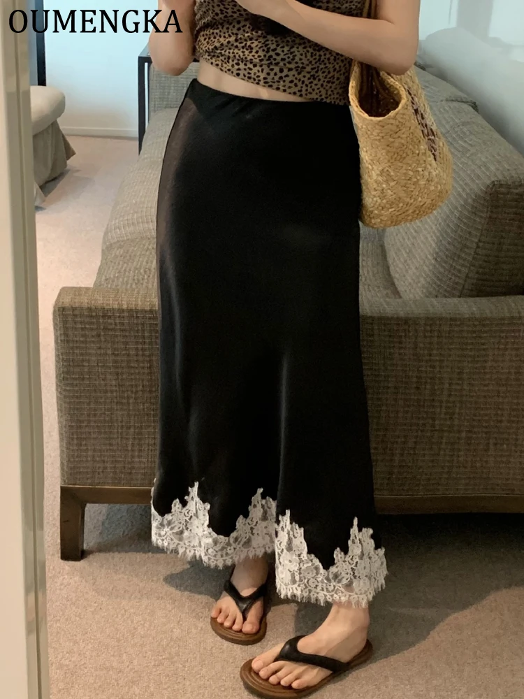 OUMENGKA Summer French Elegant Satin Mermaid Skirt Women Lace Patchwork Waist Elastic Long A-line Skirts Fashion Ladies 9 S0e1b9f4735894569830557f9cdfb63e3z
