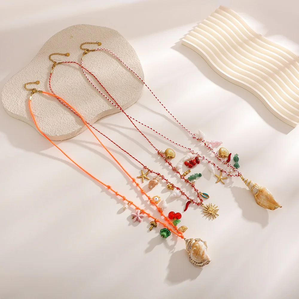 Boho Handmade Colorful Rope Shell Waist Belly Chain for Women Big Conch Starfish Cherry Sun Pendant Beach Bikini Body Jewelry