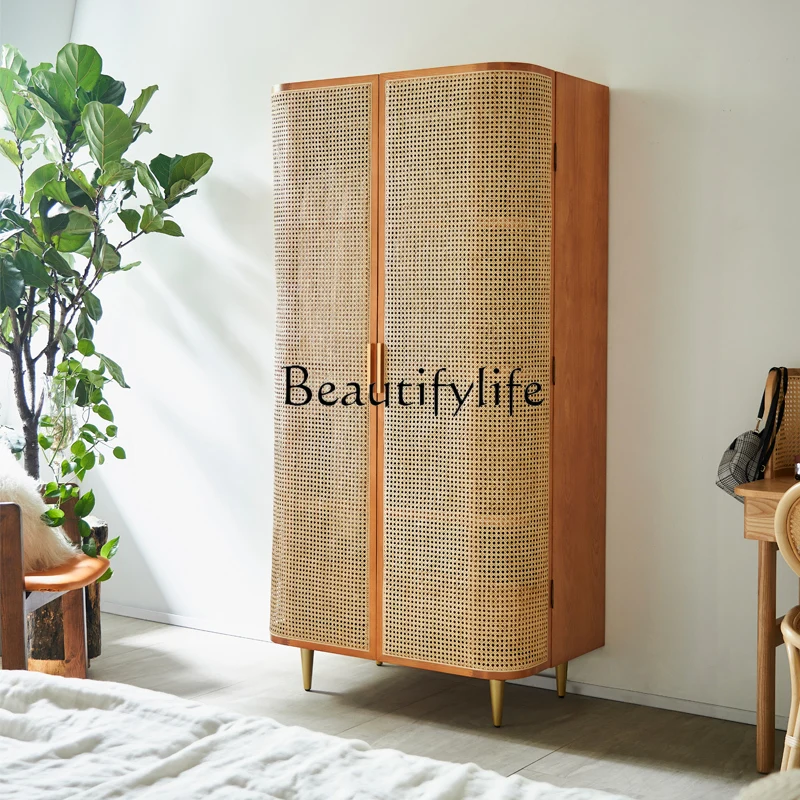 

Rattan Woven Nordic Style Simple Modern Storage Cabinet Bedroom Solid Wood Wardrobe Locker