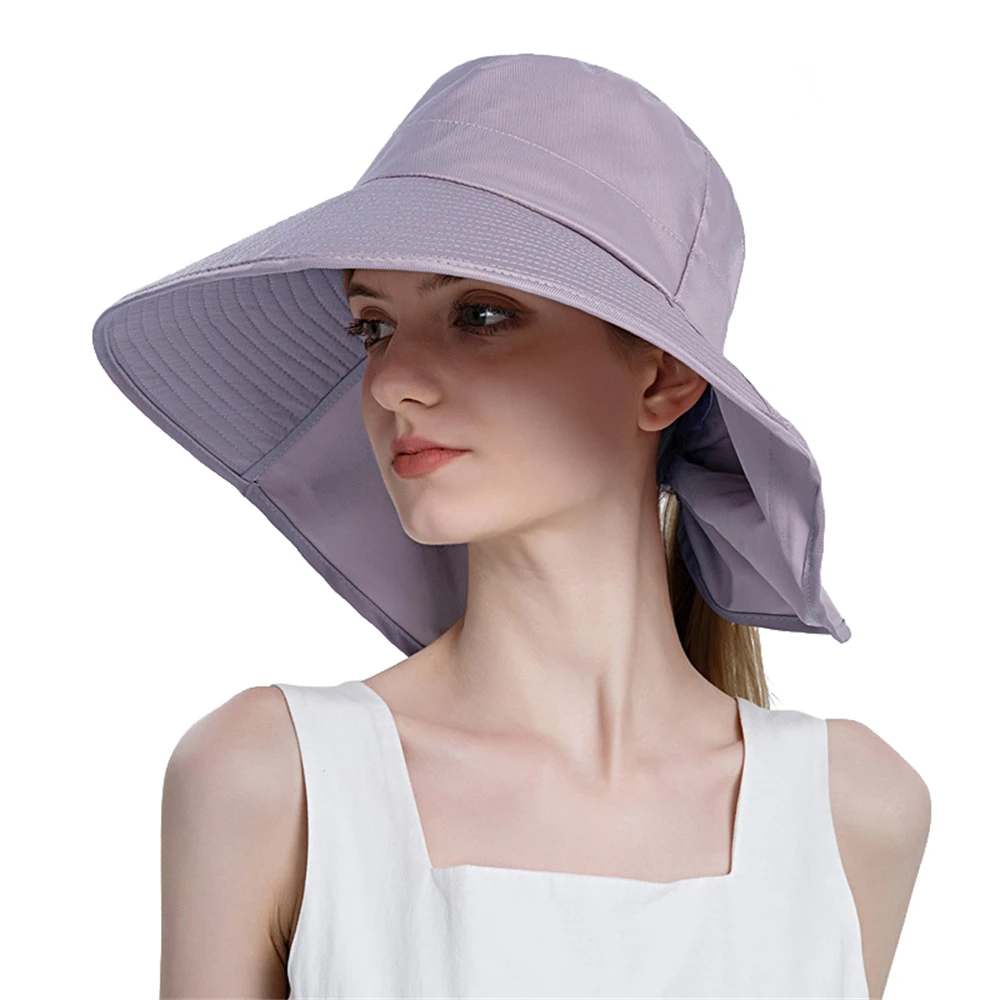 

Women Summer Bucket Hat with a Ponytail Hole Lady Sun Protection Hiking Cap with Neck Shawl Wide Brim Headgear for Outdoor Beach