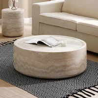 Round Coffee Table, 39.37” Tea Faux Travertine Textured Tables Fiberglass Side Tables End Table for Living Room, Apartment 1