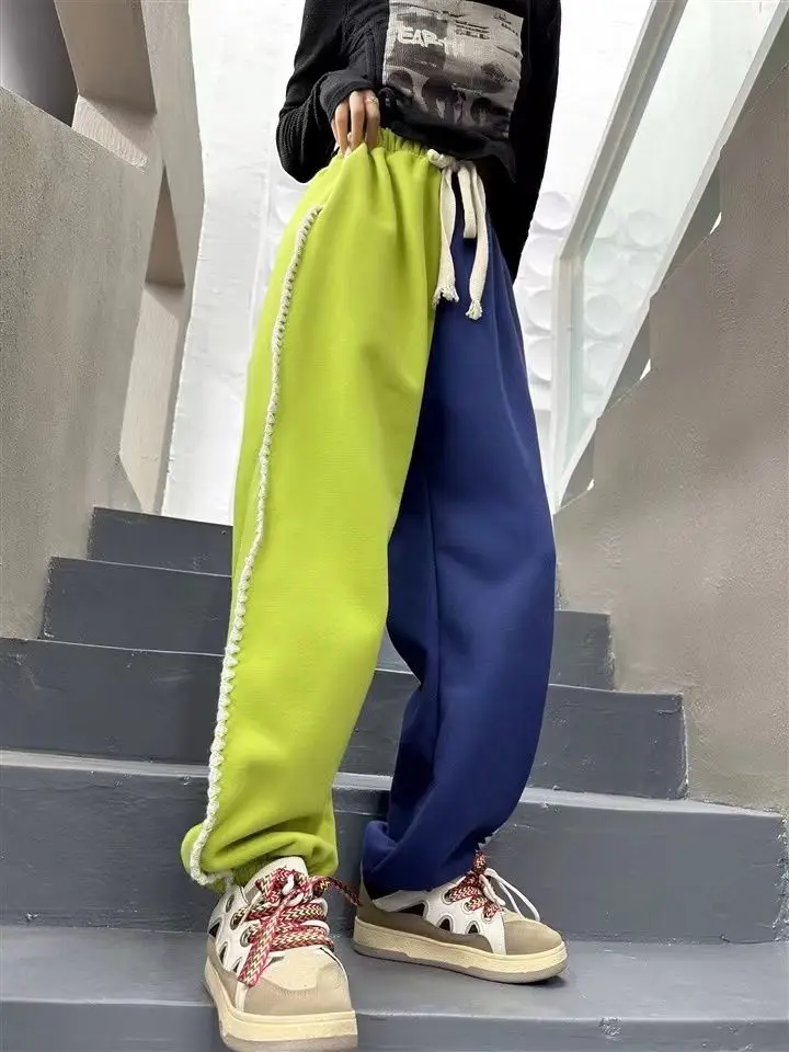 2023 Autumn/Winter New Trendy and Personalized Two tone Shake Lace and Velvet Guard Pants Casual Pants