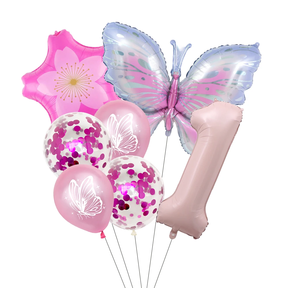 Butterfly Sunflower Celebration Balloon Set - Pink & Blue 7-Piece Party Decor Collection