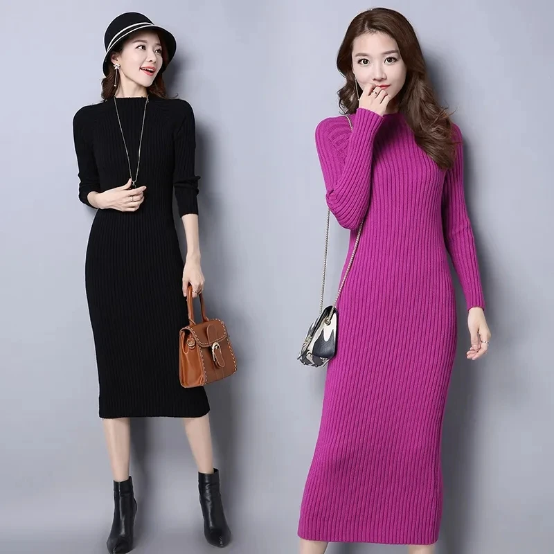 

Autumn Winter Women Sweater Dress Solid Turtleneck Elastic Knitted Long Sleeve Office Long Dress Female Sweater Dresses Vestidos