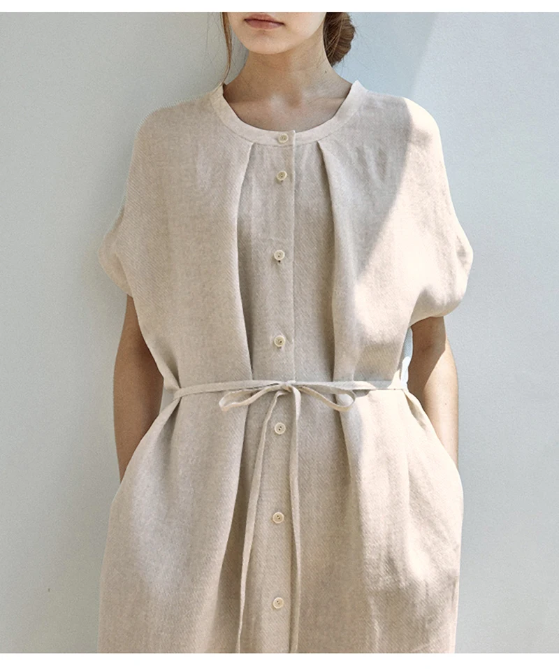 100% Linen Elegant Women's Dresses For Party 2025 Ruched Casual Short Sleeve Summer Dresses New In Beach Sundress Vestidos 3