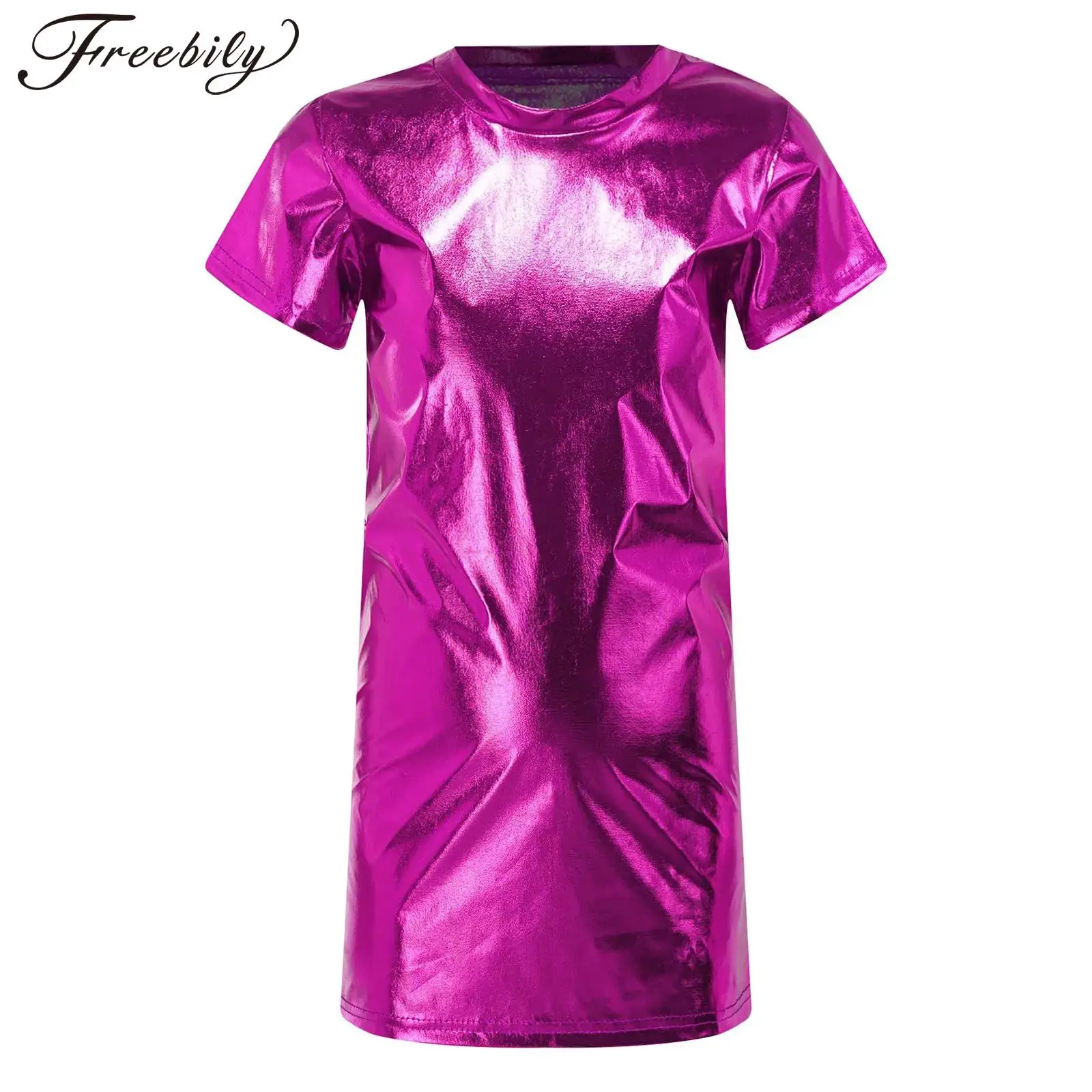 

Детская Блестящая футболка для девочек с металлическим блеском, одежда в стиле хип-хоп, детские топы с круглым вырезом и коротким рукавом для джазовых танцев, уличные танцевальные костюмы