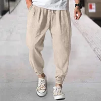 Men Buttons Pants Summer Pockets Loose Baggy Drawstring Trousers Male Casual High Waist Comfortable Elastic Ankle-Length Pants - Image 3