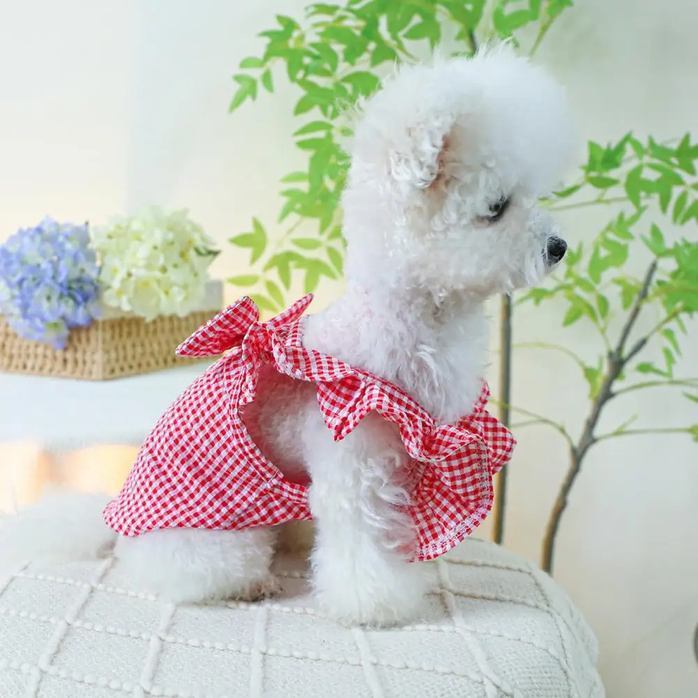 

Soft Comfortable Pet Dress Adorable Plaid Pattern Pet Dresses Skirts Comfortable Cute Dog Clothing with Sleeves Bow Decoration