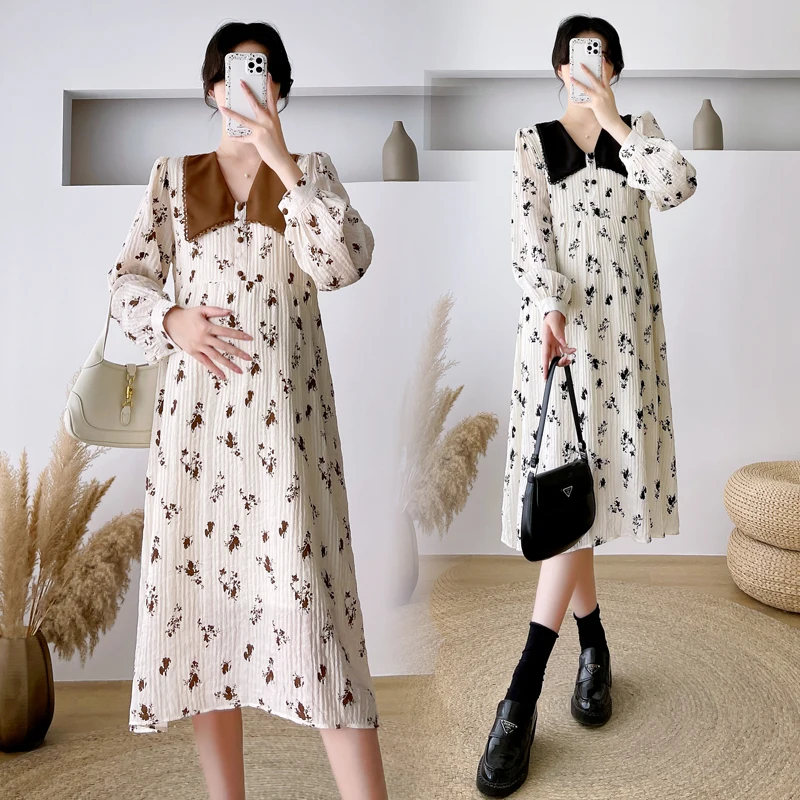 

211# Autumn Korean Fashion Floral Printed Chiffon Maternity Long Dress Elegant Clothes for Pregnant Women Pregnancy Postpartum