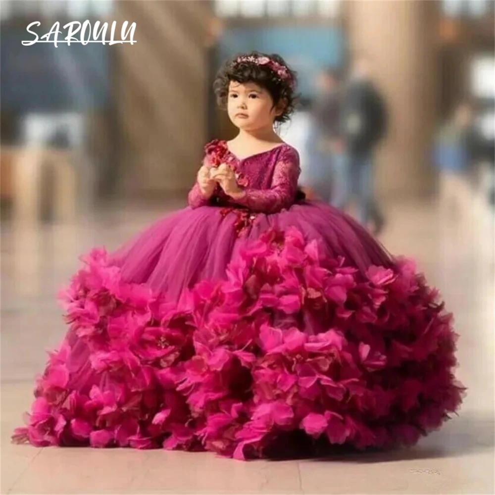 

Puffy Flower Girls Dresses 3D Flower V Neck Long Sleeve Kids Teens Pageant Gowns Birthday Party Dress For Wedding Cocktail Gown