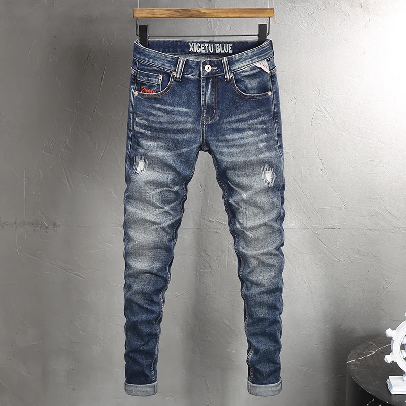Italian Style Fashion Men Jeans Retro Washed Blue Elastic Slim Fit Ripped Jeans Men Embroidery Designer Vintage Denim Pants