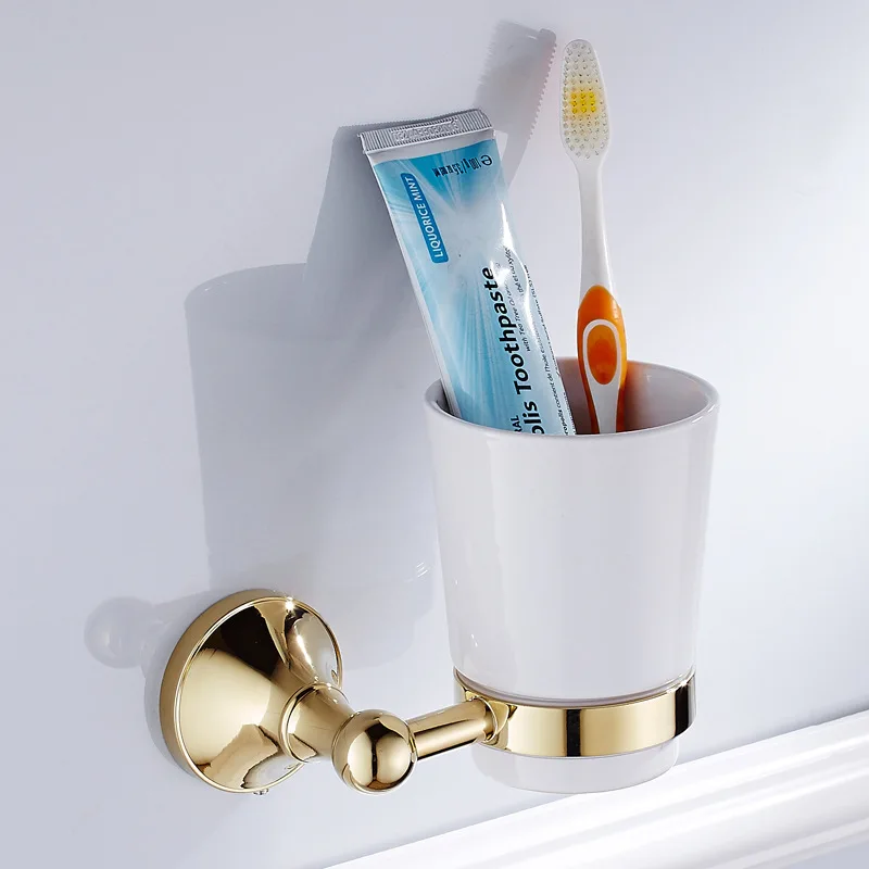 Simple retro toothbrush cup holder brass antique golden ceramic cup New bathroom pendant mouthwash toothbrush