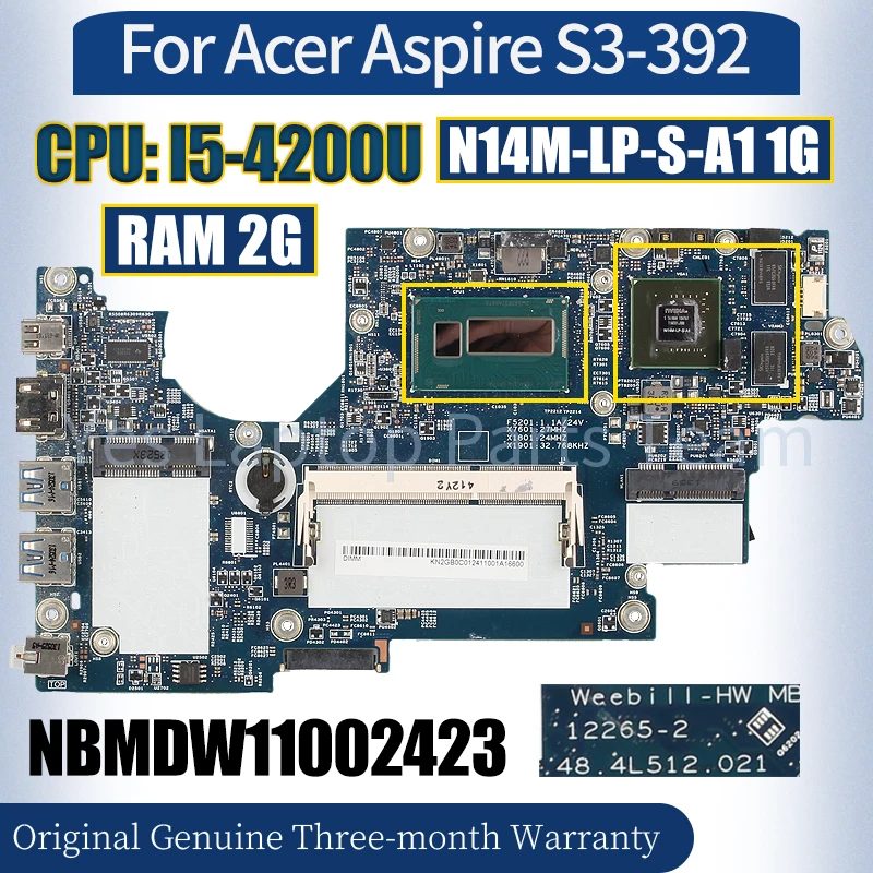 

Материнская плата 12265-2 для ноутбука Acer Aspire S3-392, материнская плата NBMDW11002423 I5-4200U RAM 2G N14M-LP-S-A1 1G, полностью протестированная материнская плата для ноутбука