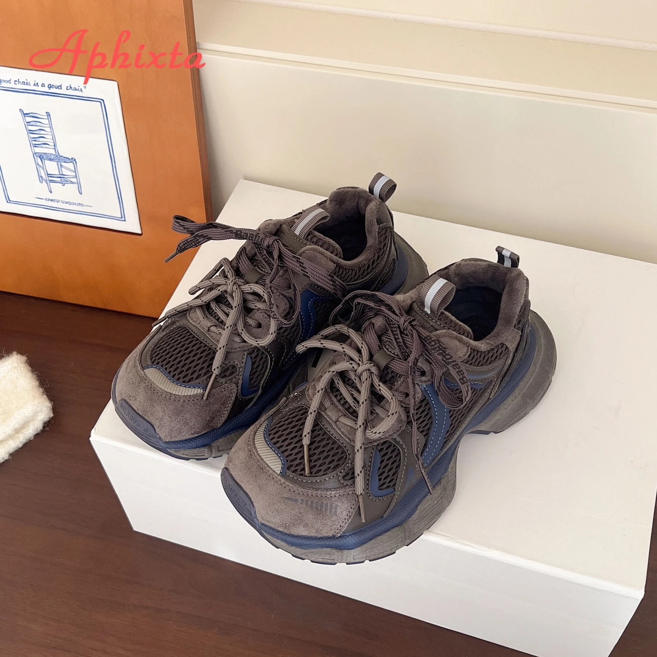 Aphixta Fashion Chunky Sneakers Blue Breathable Mesh Lace Up Footwear For Woman Sport Boots Woman Shoes Short Plush Warm Shoes