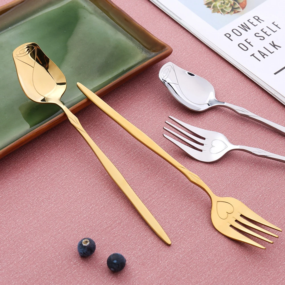 Stainless Steel Spoon Long Handle Stainless Steel Coffee Spoons Rose Stirring Spoon Teas Coffee Flower Shaped Spoons For Picnic Stirring Kitchen Tool