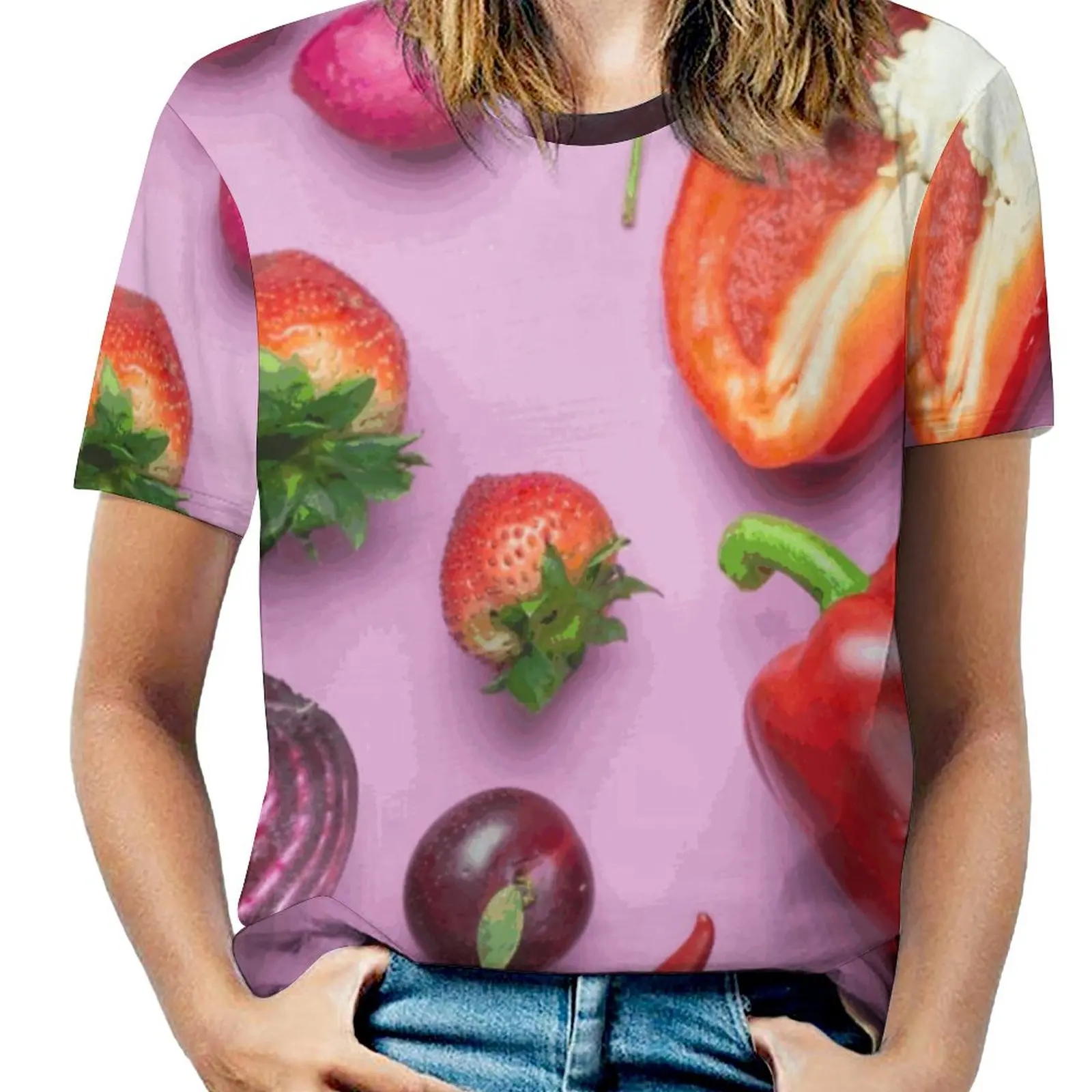 

Женская футболка с красной едой на розовом, повседневный топ с круглым вырезом и коротким рукавом, летние футболки с розовым и фиолетовым фоном, с коротким рукавом и корнем свекольной свечи, выразительная игрушка