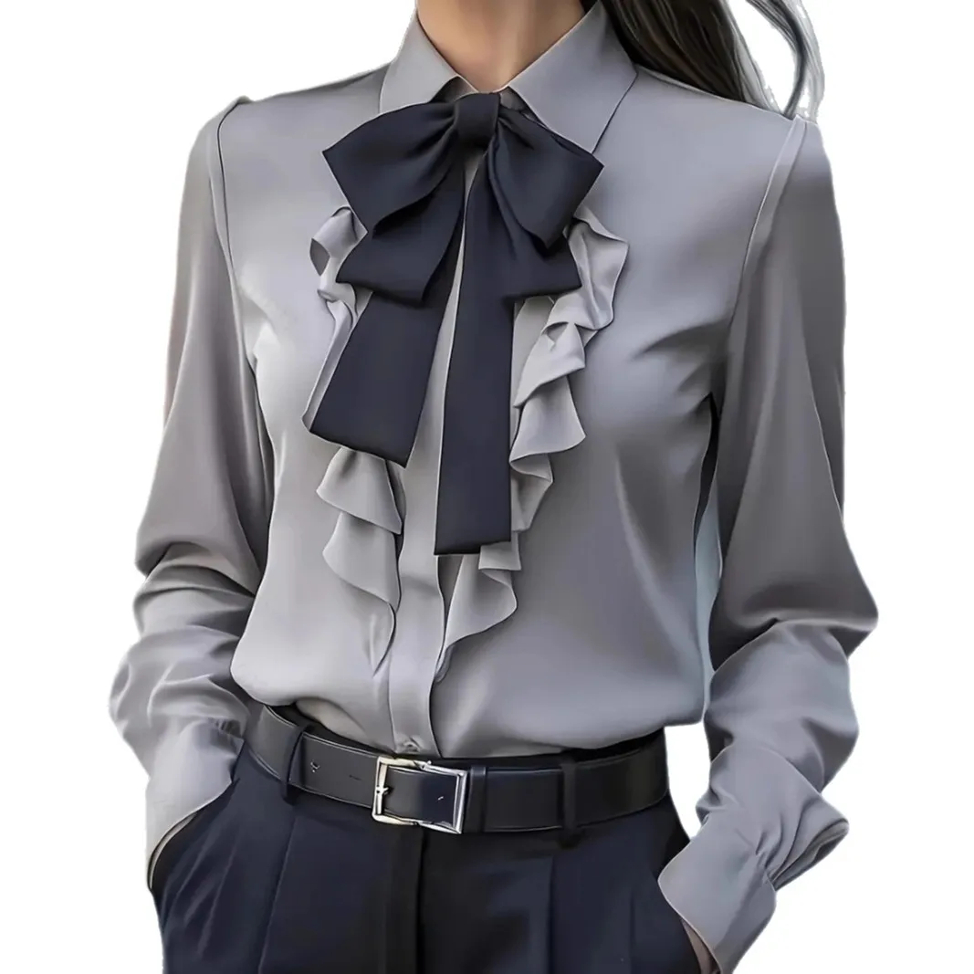 Women Slim Ruffle Butterfly Knot Blouse for Autumn Spring