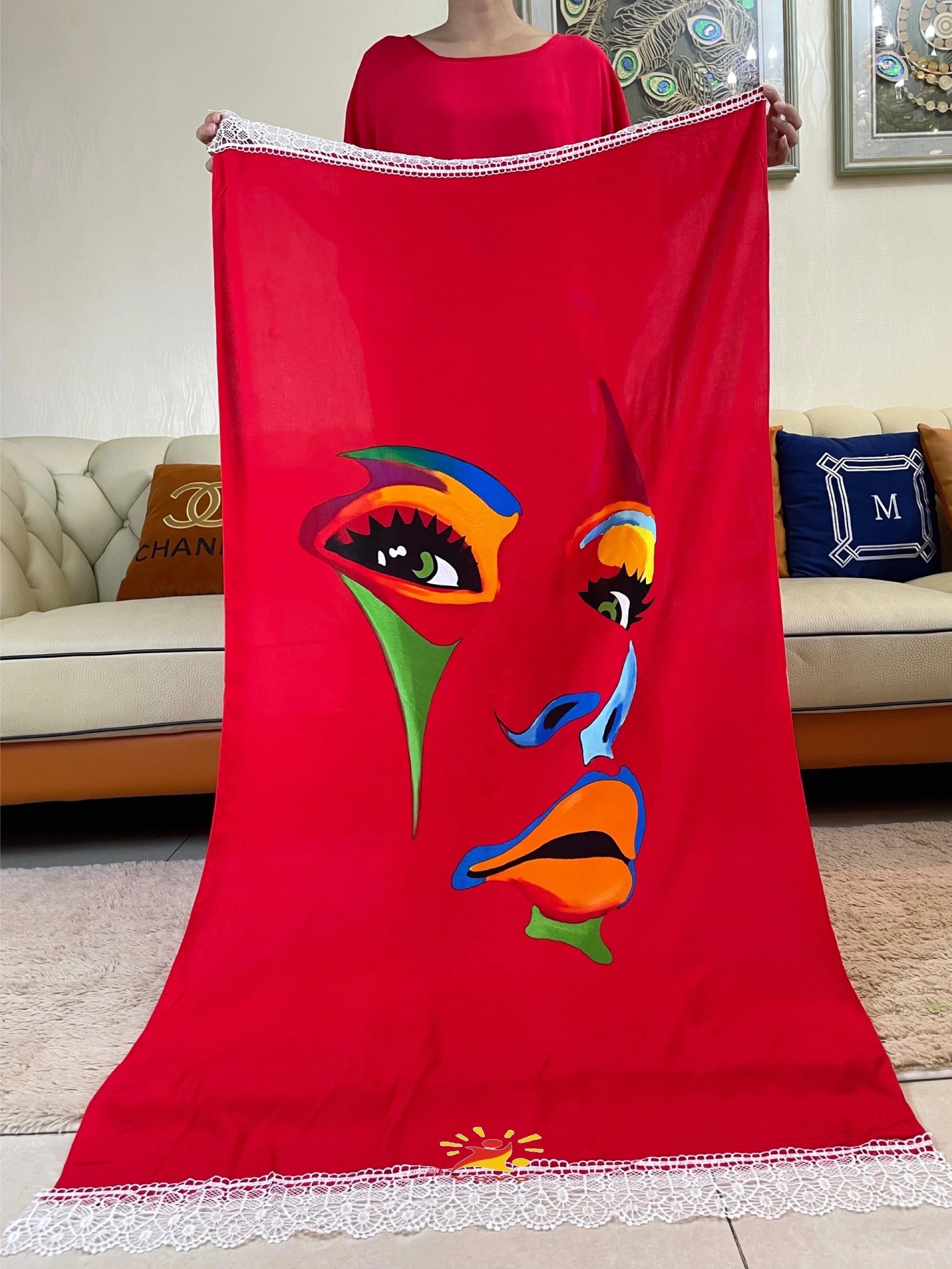 2023Summer Short Sleeve Printing Cotton Dresse With Big Scarf African Dashiki Floral  Loose Caftan Lady  Maxi Casual Vestidos
